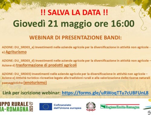 Giovedì 21 maggio ore 16: Webinar di presentazione di n. 3 bandi per aziende agricole